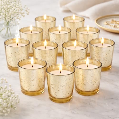 Image of Hosley Set of 24 Gold Mercury Filled Glass Votive Candles. Ideal Gift for Weddings, Bridal Showers, Parties, Home Decor, and Special Events