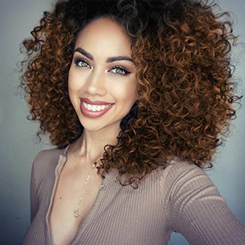 ENTRANCED STYLES Synthetic Curly Wigs for Black Women Afro Brown Wigs with Dark Roots Synthetic Full Wigs Heat Resistant Fiber