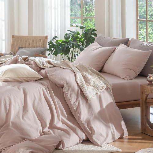 Lanqinglv Bettwäsche 135x200 Baumwolle,Rosa Bettwäsche-Sets mit Stone Washed,1 Bettbezug 135x200 cm + 1 Kissenbezug 80x80 cm Oeko-Tex Zertifiziert...