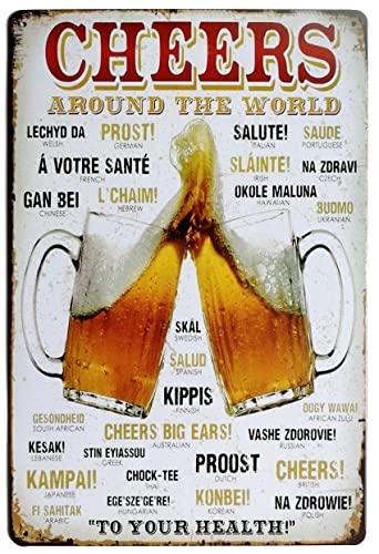 ERLOOD Cheers Around the World Drinking Distressed Metal Retro Wall Decor Vintage Tin Sign 8 x 12