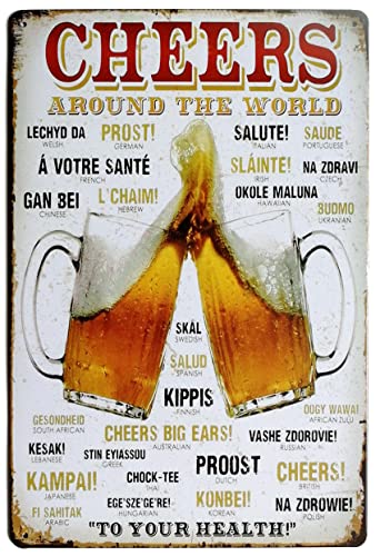 wine around the world tin sign - ERLOOD Cheers Around The World Drinking Distressed Metal Retro Wall Decor Vintage Tin Sign 8 x 12