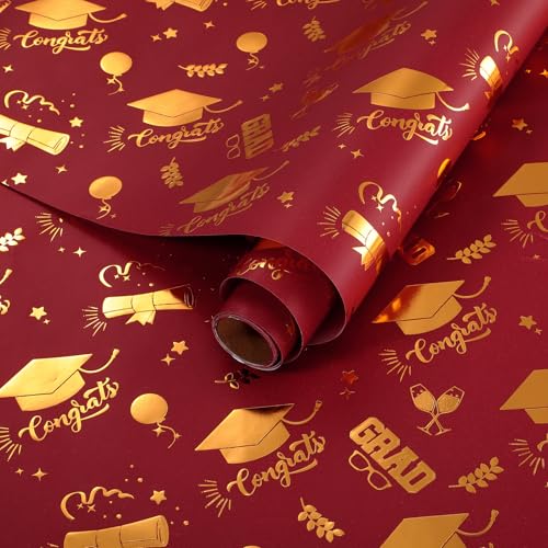 AmazingSpark 2026 Graduation Gift Wrapping Paper Roll 17 x 118 Inch 3D Embossing Gold Foil Grad Gift Wrap Graduation Wrapping Paper for Class College High School Ceremony Decor Party Supplies (Maroon)