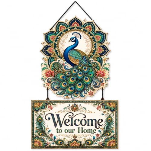 Image of Zesta Wooden Wall Hanging Decorative Items /Hanging Home Wall Decor Items /MDF Decoration Items for Home /Cute Wall Art For Living Room /Home Decor Items Living Room (Welcome To Our Home Peacock)