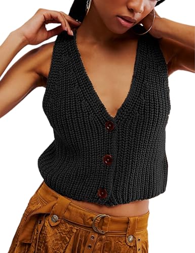 Image of Womens Cropped Sweaters Vest Button Down V Neck Knit Sleeveless Crop Sweater 2025 Summer Casual Tank Tops