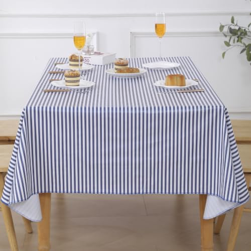 Image of Walrus Heavy Duty Vinyl Tablecloth with Flannel Backing Waterproof Oil-Proof Plastic Table Cloth Stain-Resistant Wipeable Table Cover for Indoor and Outdoor (Blue Striped,52x70 Inch)