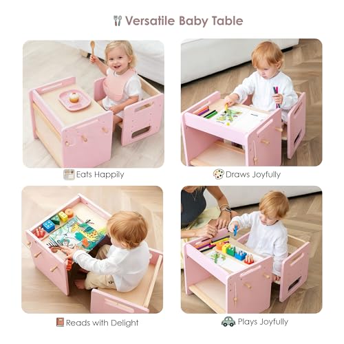 Image of Montessori Weaning Table and Chair Set, Adjustable Toddler Table, Pink | Adjustable Wooden Design for Meals, Learning, Play, and Everyday Routines