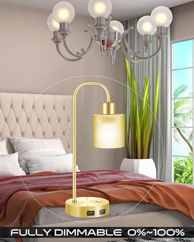 Touch Bedside Lamp, Set of 2 Fully Stepless Dimmable Edison Industrial Table Lamps with 2 USB Charging Port,Gold Nightstand Lamp with Eye-Caring Glass lampshade for Bedroom Living Room,2 Bulb Included