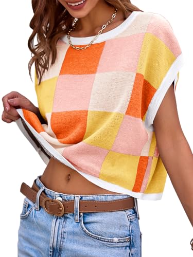 Image of Saodimallsu Womens Cap Sleeve Crop Tops Summer Color Block Going Out Crew Neck Knit Trendy Casual Sweater