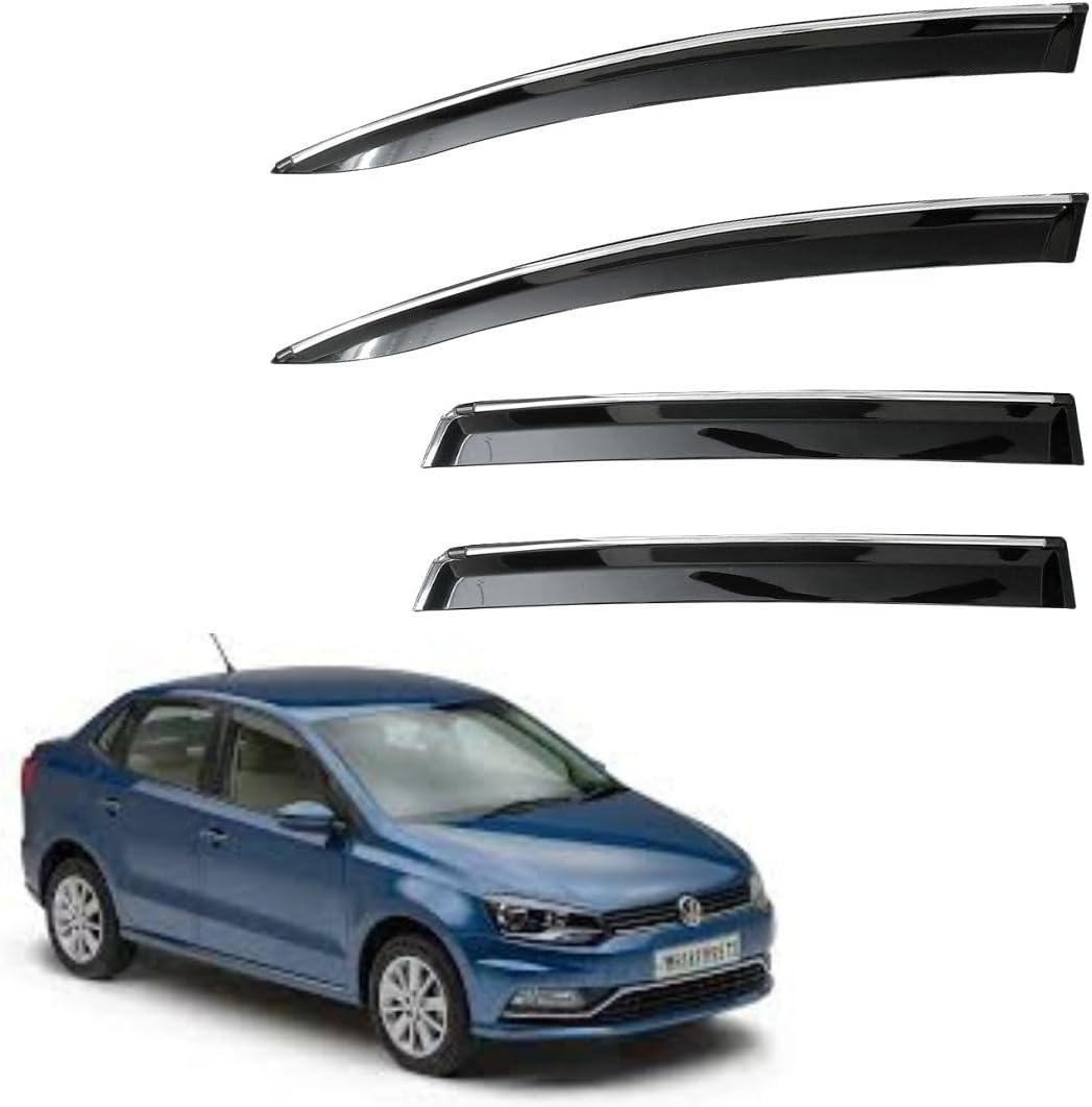 CAR SAAZ Unbreakable Chrome Smoke Door Visor for Ameo (2016-2020)| Premium Sun, Rain Wind Deflector Chrome Strip Side Door Rain Visor – Set of 4 Pcs