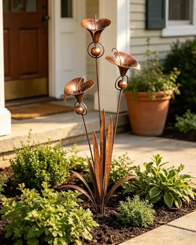 Kysryye 2026 Flamed Copper Three Calla Lilies Garden Stake with Bells Rain Catcher Flower Handmade 24inch Large Whimsical Metal Plant Sculpture Yard Art Decor Rustic Wind Chime Ornament Gift