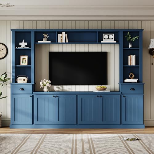 Image of 103 inchL Large Entertainment Center with Bookshelves and Drawers for TVs Up to 75'', Wall Unit Entertainment Center with Adjustable Shelves and Cabinet, Minimalist TV Stands for Living Room Blue