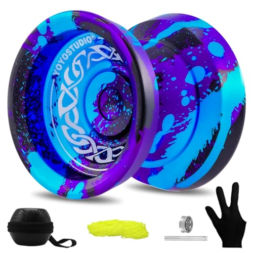 YOYOSTUDIO F25 Finger Spin Yoyo Professional Responsive Yoyo for Kids 8-12 or Above, Unresponsive Yoyos for Adults with Yoyos Accessory Kit, 10 Yo-Yo Strings, Case & Glove - Black Blue Purple