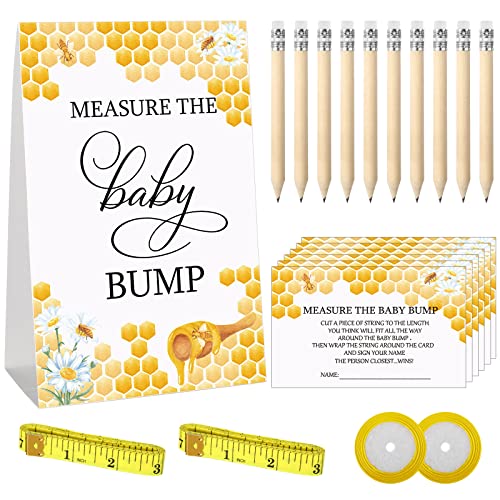 Fumete 65 Pieces Baby Shower Game Set 1 Measure The Baby Bump Sign Measure Mommy'S Belly Game And 50 Guessing Cards 10 Pencils 2 Ribbons 2 Measuring Tapes For Baby Shower Party Decorations cover