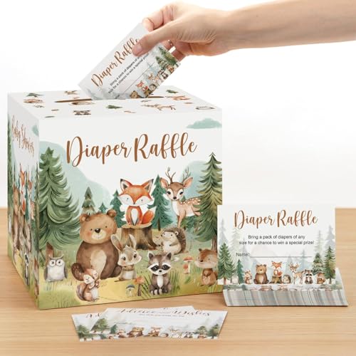 Woodland Baby Shower Decorations Diaper Raffle Box with 50 Tickets Cards for Boy Baby Shower Decorations, Forest Creatures Theme Baby Shower Ideas