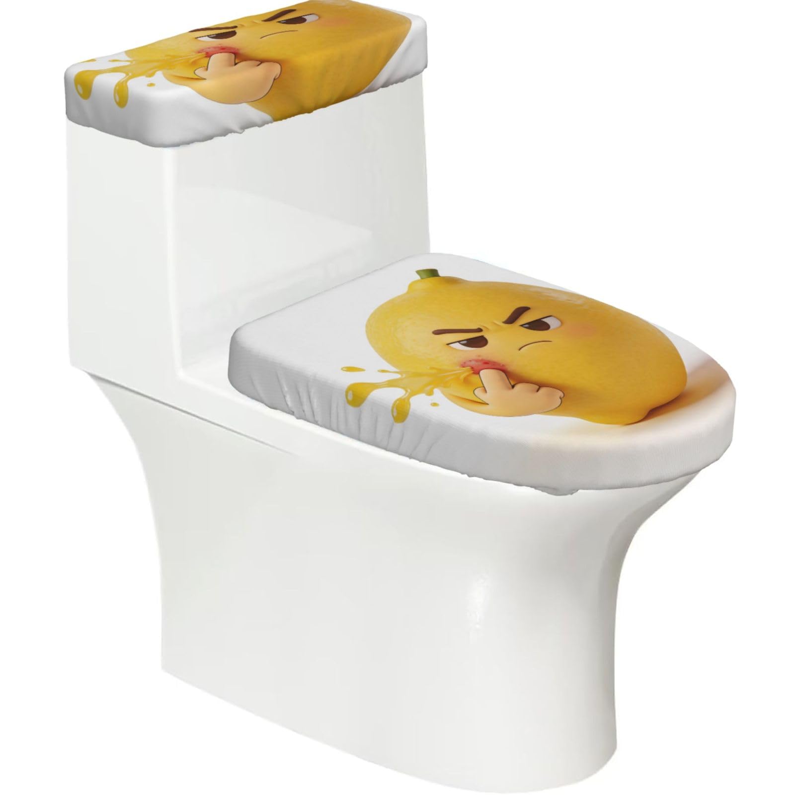 Lemon Popping Zit Elastic Toilet Cover Set of 2-Stretchy Lid and Tank Covers for Bathroom, Soft Washable U Shape Toilet Decor
