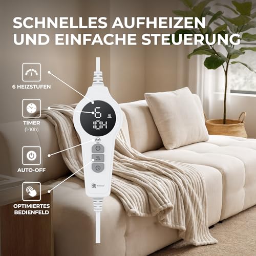BR Bringer Infrarot Heizdecke - elektrische Kuscheldecke mit Abschaltautomatik & Überhitzungsschutz - 6 Heizstufen, Timer bis 10h, Kabel 2,45m, maschinenwaschbar, OEKO-TEX (200x180cm, Nordic Taupe)