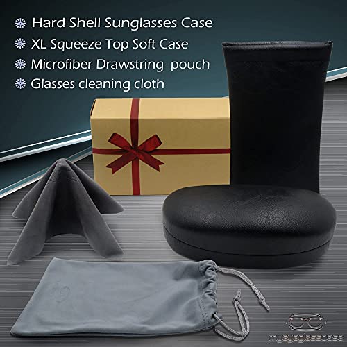 Image of MyEyeglassCase Combo Sunglasses Case & Soft Glasses Pouch in Black Distressed Faux Leather - Medium to Large Dorable Clash Shell with Microfiber pouch and Cloth (AS113 Combo Black)