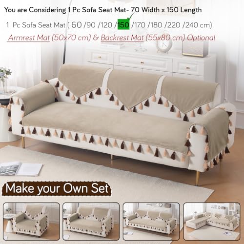 Image of HOKIPO Premium Holland Velvet Sofa Cover with Tassel for 1 /2 /3 Seater & L Shape Sofa | Make Your Own Set, 'TasselTone Series' Sofa Mat, 70(W) x 150(L) cm, Sand Beige (IN-1107-BGE)