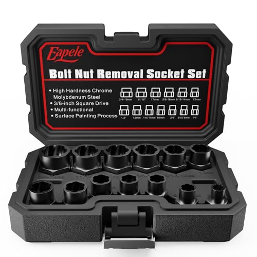 Image of Eapele 13pcs Bolt Extractor Set, Stripped Nut Remover Twist Sockets, Fit 3 /8 inch Square Drive with Solid Storage Case, Stripped Bolt Extractor (13pcs, Black)