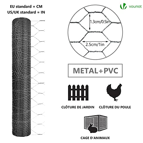VOUNOT® Maschendrahtzaun Sechseckgeflecht, Drahtzaun Hasendraht Kaninchendraht Hühnerdraht, Maschenweite 13 mm, Höhe 100 cm, Länge 50 m, PVC-Beschichtet Grau