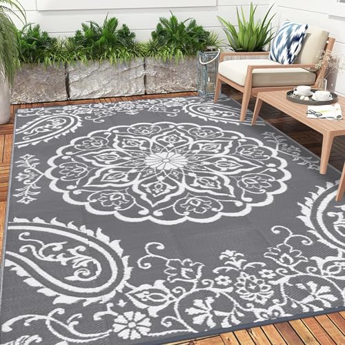 Pauwer Waterproof Outdoor Rug 9x12, Reversible Plastic Straw Patio Camping Rug, Indoor Outdoor RV Mat Carpet for Deck, Camper, Porch, Balcony, Backyard, Picnic, Boho Grey