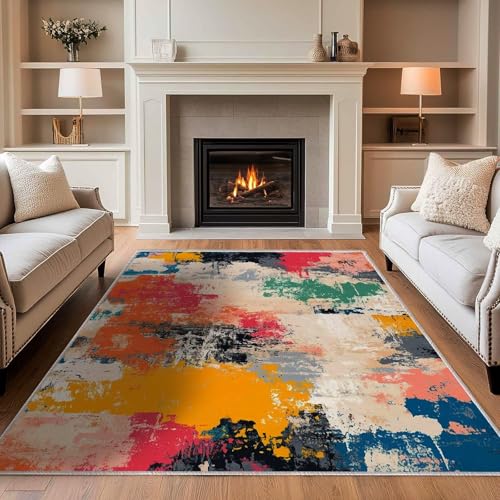 Tapis poils ras abstrait moderne rouge beige noir 140x200 cm pour salon et bureau