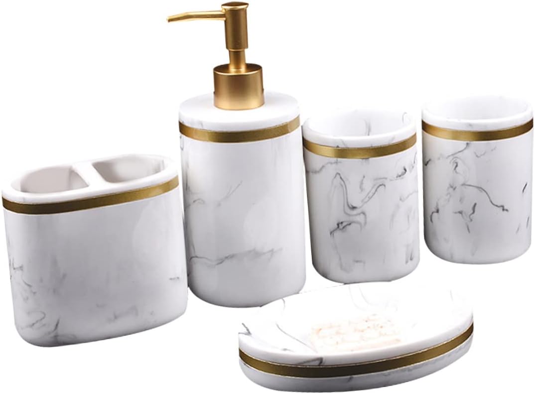 MAGICLULU 5 Pcs Resin Bathroom Accessory Set Elegant Marble Look Soap Dish Liquid Pump Bottles Mouthwash Cups Smooth Surface Decorative and Practical for Home Use
