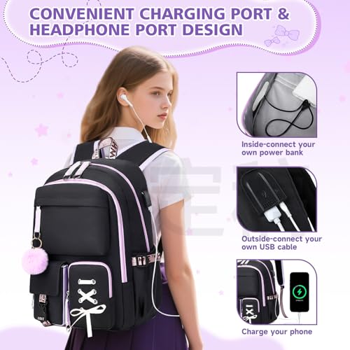Backpack for Girls Women College Laptop Backpacks Girl Cute School Bag Kids Bookbag with USB Charging Port College Middle High Elementary School Backpack for Teen Girls Travel Daypack (Black)3