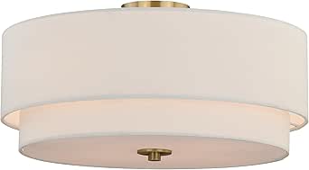 VAXCEL Burnaby 20.5 Inch Mid Century Modern 2-Tier Drum Semi Flush Mount Light, Matte Brass Finish, Dimmable Ceiling Mounted Lighting, White Linen Shade