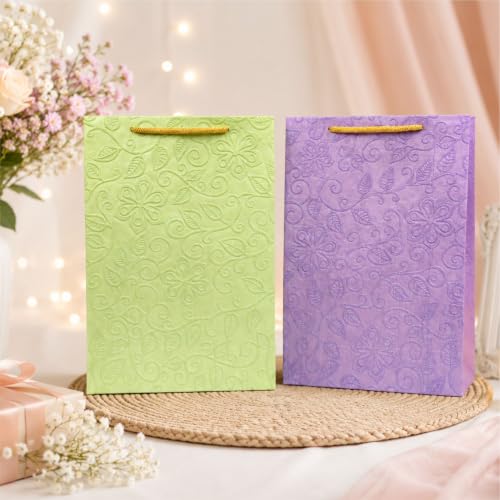 Image of Handmade Paper Bags for Gifting - Gift Bags Medium Size - 8 x 11 x 3 Inch - Pack of 10 - Return Gift Bags for Pooja, Baby Shower, Festive Gifting, Birthday, Wedding - Paper Bags for Return Gifts - Purple, Pastel Green Bag