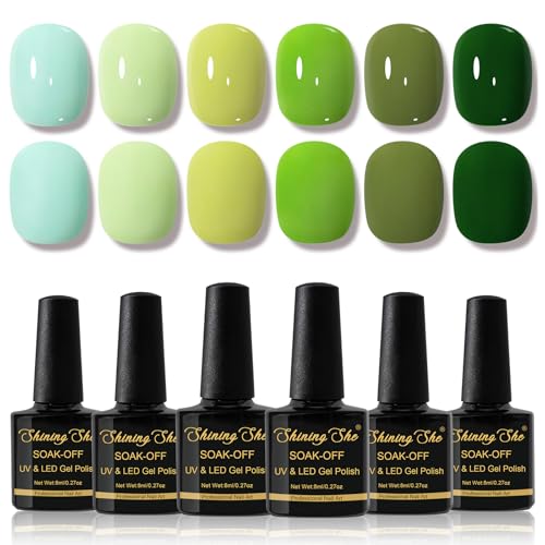 Shining She Esmaltes Semipermanentes de Uñas en Gel UV LED, 6 Colores Primavera Verde Tierno Verde Hierba Verde Menta Pintauñas Semipermanentes para Novato Salón de Uñas Creativas,8ML