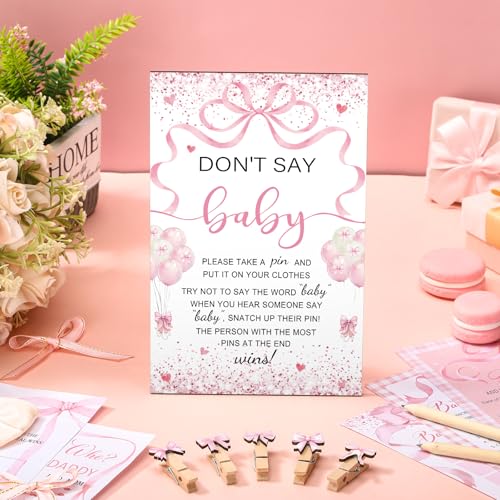 Image of Patelai 321 Pcs Pink Bow Baby Shower Decorations Set 5 Games Include Pink Ribbon Baby Shower Bingo Word Scramble Description The Price Guess Don't Say The Word Sign for Coquette Bow Game Party Decor