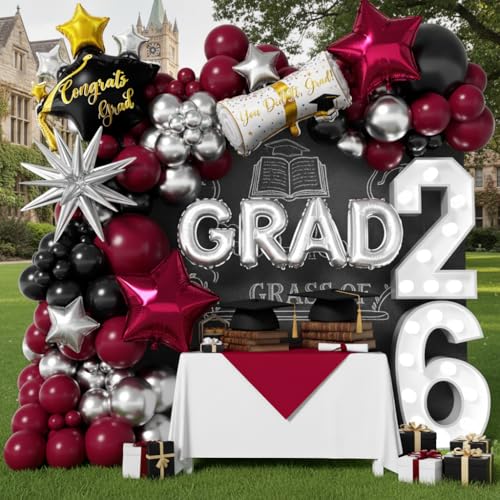 Image of Graduation Balloons Garland Kit 153Pcs, Maroon Black Silver Balloon Arch Kit with GRAD Letters Grad Cap Diploma Balloon Burgundy Balloons Arch for Class of 2026 Graduation Birthday Party Decor