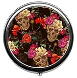 TaiGe Skull and Flowers pill box/pill case----Round pill box/case--- Three-compartment pill box/pill case