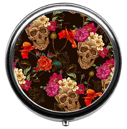 Skull and Flowers Pill Box/Pill case-Round Pill Box/case- Three-Compartment Pill Box/Pill case