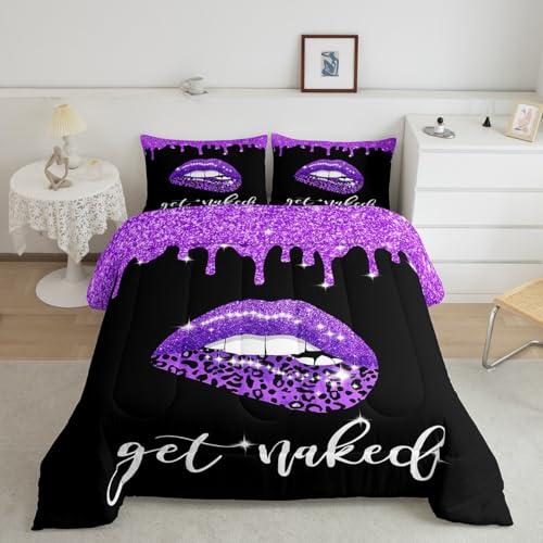 Image of Feelyou Purple Leopard Sexy Lips Comforter Full Size for Boys Girls, Purple Black Get Naked Comforter Set Pink Sexy Lips Bedding Set Funny Get Naked Duvet Set Bed Set 3Pcs Reversible