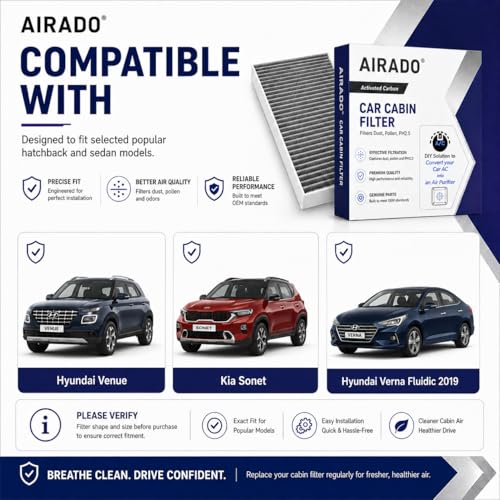 Image of Car Cabin Air Filter with Activated Carbon | AC Filter for Hyundai Venue, Kia Sonet, Hyundai Verna Fluidic 2019 | PM2.5 Dust Protection | Easy DIY Installation | Pack of 1