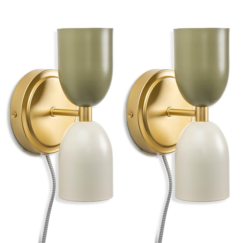 ValueLights Pair of - Plug in Gold Up & Down Easy Fit Wall Lights with Khaki / Cream Shades