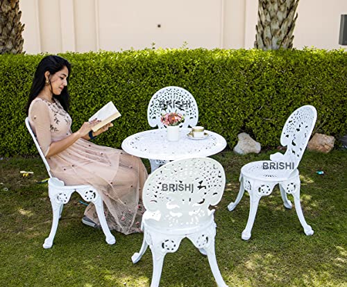 Image of BRISHI Cast Aluminium Garden Patio Seating Chair and Table Set for Balcony Outdoor Furniture with 1 Table and 4 Chair Set (White)