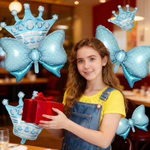 Image of 10pcs Blue Crown Balloons And Blue Bow Balloon, Light Bows Balloons, Large Crown Foil Balloon With Two Sizes For Birthday Baby Shower Theme Party Wedding Bridal Shower Anniversary Decor
