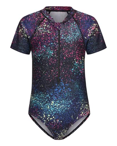 Image of Girls One Piece Rash Guard Swimsuits for Kids Girls Short Sleeve Bathing Suits with Front Zipper Swimwear 3-16 Years
