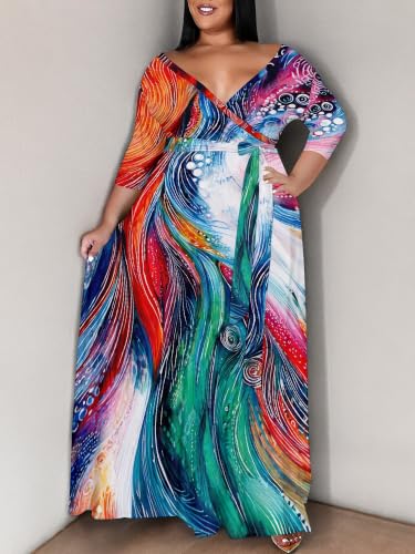 Image of SUZONANA Plus Size Maxi Dresses for Curcy Women Casual Loose 3 /4 Sleeve Long Dress with Belt