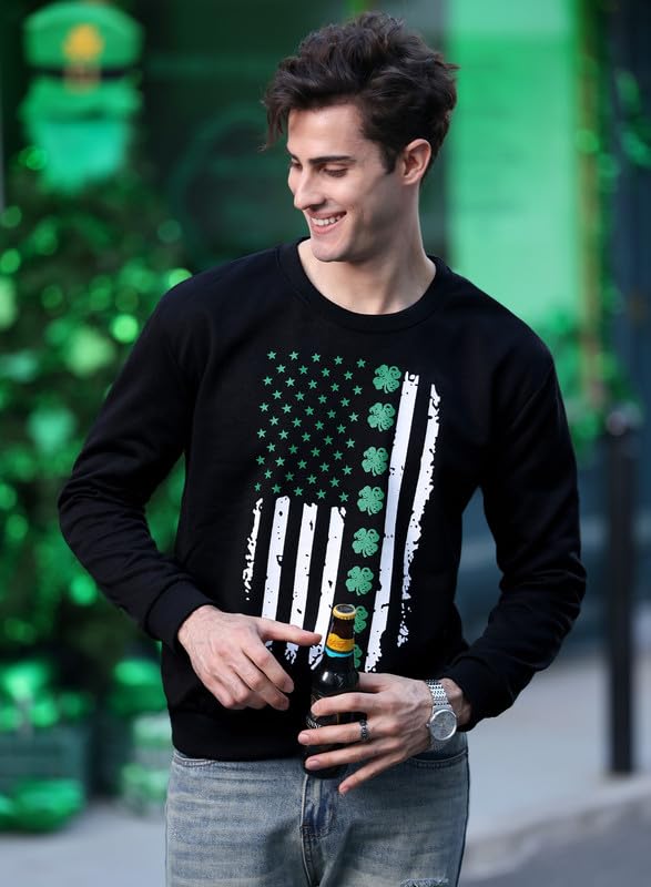 Arvilhill Men's St Patricks Long Sleeve Sweatshirt Green Black Shamrock Shirt Clover L3