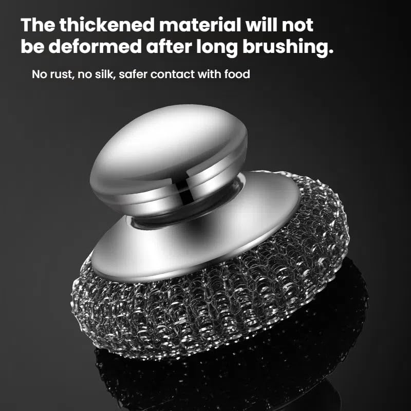 Image of 2 Pcs Stainless Steel Wool Scrubber Set with Handle, Includes 2 Replacement Scrubber Pads, Perfect for Cleaning Iron Pots, Stoves, Grills, and Sinks, Durable Metal Scourer for Tough Messes
