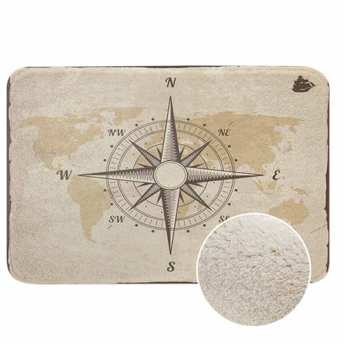 Alfombrillas de baño con brújula para baño, diseño de mapa del mundo antiguo, alfombra náutica, alfombra de baño, lavable a máquina, alfombra de baño para decoración de habitación para suelo de ducha,