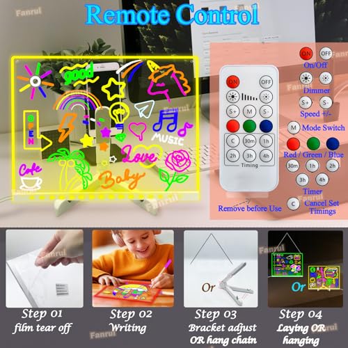 Fanrui 30 x 20 cm, 7-farbwechselnde LED-Tafel, trocken abwischbar, USB-betrieben mit Fernbedienung, Timer und Dimmer, beleuchtetes Schreibtischschild, Notizbrett, ideal für Klassenzimmer, Zuhause und