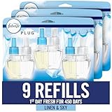 Febreze Plug In Air Freshener, Odor-Fighting Scented Oil Refill, For Home, Bathroom, & Kitchen, Long Lasting for Strong Odors, Linen & Sky Scent, 0.87oz Refills, 9 Count