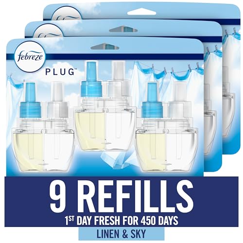 Febreze Plug In Air Freshener, Odor-Fighting Scented Oil Refill, Linen & Sky Scent, 9 Refills