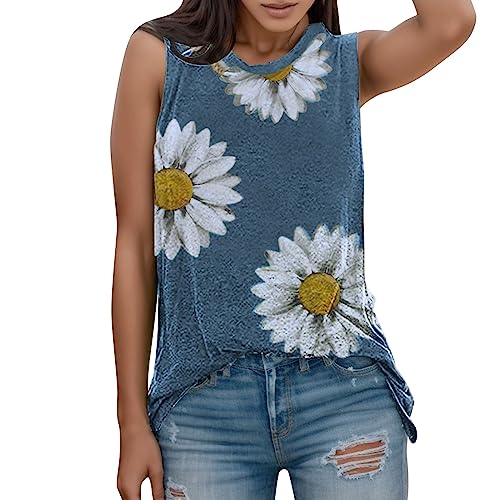 Pots Graphic Print O-Neck Women's Blouse Summer Tank T-Shirts Sleeveless Women's Blouse for Daisies, blue, S