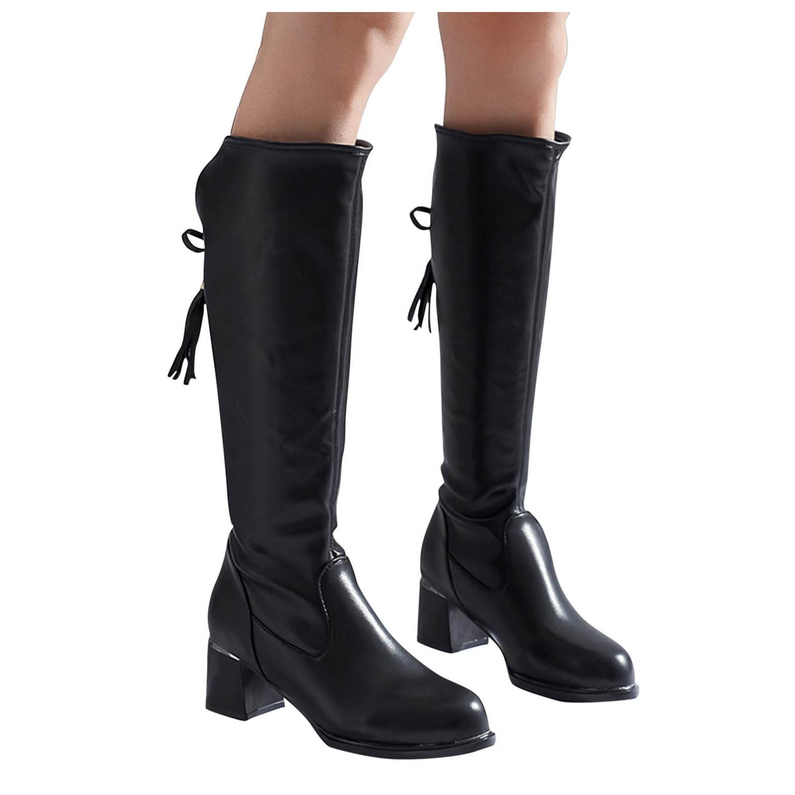 Stivali Alti Stivaletti Boot Donna Scarpe Lunghi da Cavaliere Occidentali con Lacci e Tacco Basso Esterno